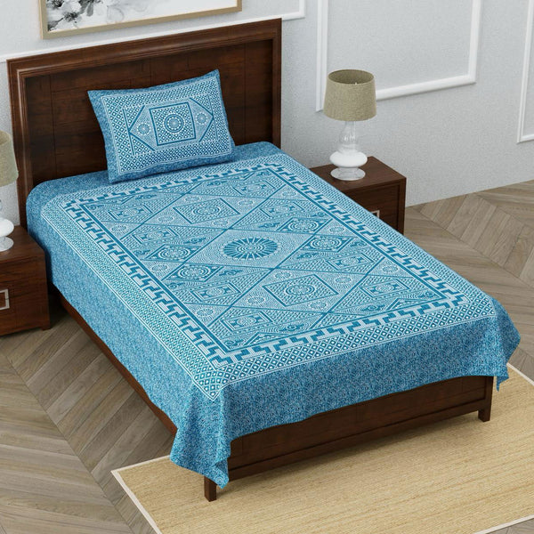 Monarch 100% Pure Cotton Rajasthani Jaipuri Sanganeri Print Single Bedsheet with 1 Pillow Cover | 240 TC Premium Printed Flat Bed Sheet (60