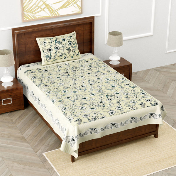 Monarch 100% Pure Cotton Rajasthani Jaipuri Sanganeri Print Single Bedsheet with 1 Pillow Cover | 240 TC Premium Printed Flat Bed Sheet (60
