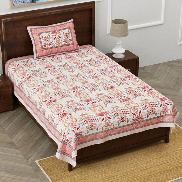 Monarch 100% Pure Cotton Rajasthani Jaipuri Sanganeri Print Single Bedsheet with 1 Pillow Cover | 240 TC Premium Printed Flat Bed Sheet (60