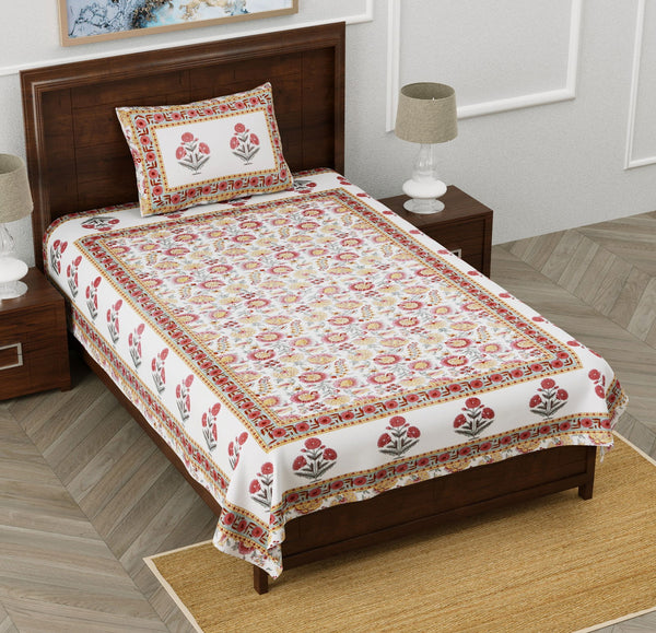 Monarch 100% Pure Cotton Rajasthani Jaipuri Sanganeri Print Single Bedsheet with 1 Pillow Cover | 240 TC Premium Printed Flat Bed Sheet (60