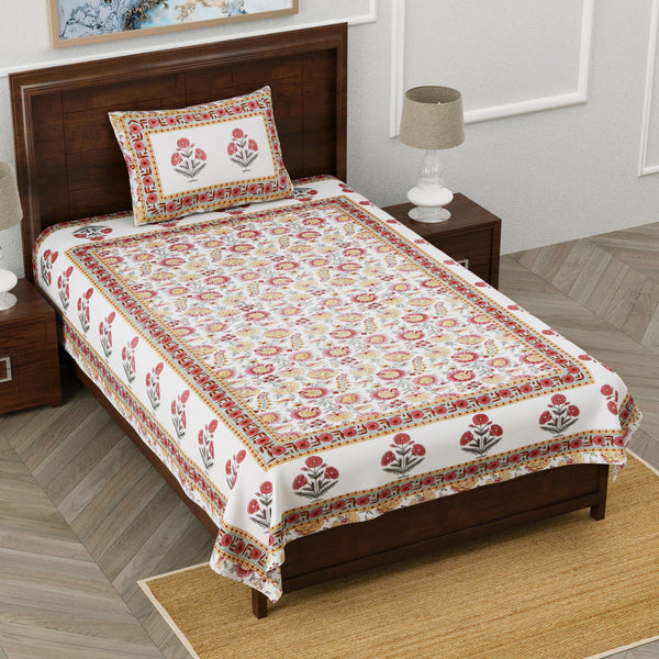 Monarch 100% Pure Cotton Rajasthani Jaipuri Sanganeri Print Single Bedsheet with 1 Pillow Cover | 240 TC Premium Printed Flat Bed Sheet (60
