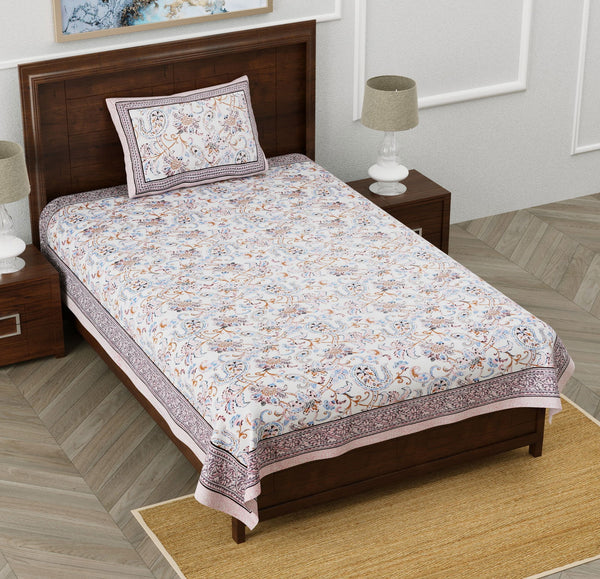 Monarch 100% Pure Cotton Rajasthani Jaipuri Sanganeri Print Single Bedsheet with 1 Pillow Cover | 240 TC Premium Printed Flat Bed Sheet (60