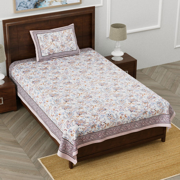 Monarch 100% Pure Cotton Rajasthani Jaipuri Sanganeri Print Single Bedsheet with 1 Pillow Cover | 240 TC Premium Printed Flat Bed Sheet (60