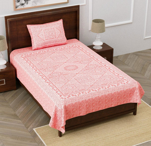 Monarch 100% Pure Cotton Rajasthani Jaipuri Sanganeri Print Single Bedsheet with 1 Pillow Cover | 240 TC Premium Printed Flat Bed Sheet (60