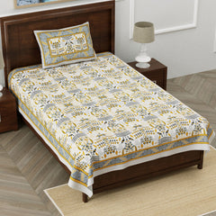 Monarch 100% Pure Cotton Rajasthani Jaipuri Sanganeri Print Single Bedsheet with 1 Pillow Cover | 240 TC Premium Printed Flat Bed Sheet (60