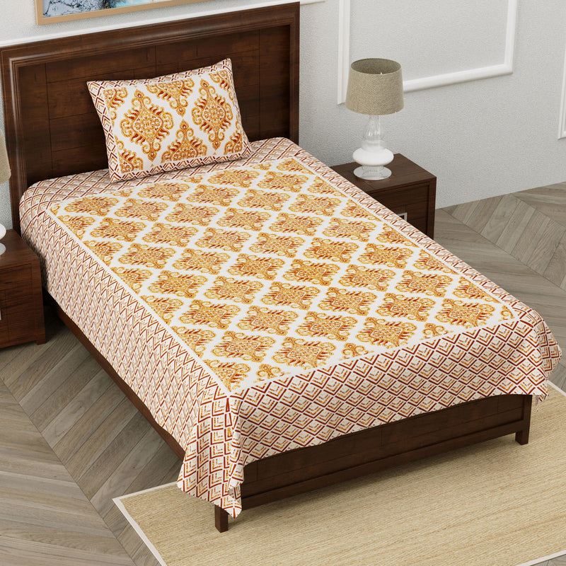 Monarch 100% Pure Cotton Rajasthani Jaipuri Sanganeri Print Single Bedsheet with 1 Pillow Cover | 240 TC Premium Printed Flat Bed Sheet (60