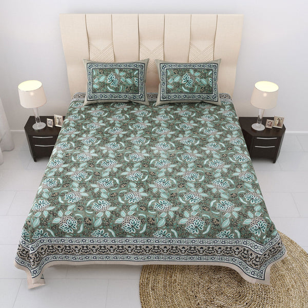 Nyla South Autoloom 240 TC 100% Cotton King Size Bedsheet with 2 Pillow Covers (Dark Olive) - EasyGoods India