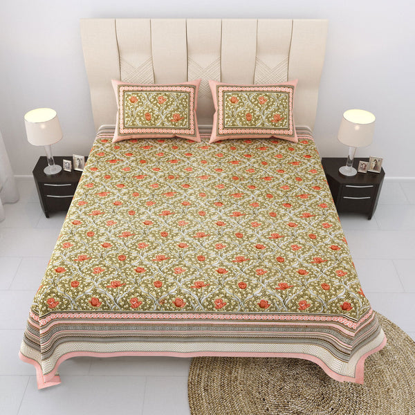Nyla South Autoloom 240 TC 100% Cotton King Size Bedsheet with 2 Pillow Covers (Flower Orange) - EasyGoods India