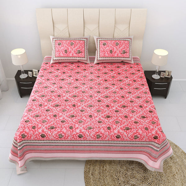 Nyla South Autoloom 240 TC 100% Cotton King Size Bedsheet with 2 Pillow Covers (Flower Peach) - EasyGoods India