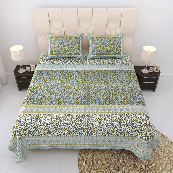 Nyla South Autoloom 240 TC 100% Cotton King Size Bedsheet with 2 Pillow Covers (Green Sea) - EasyGoods India