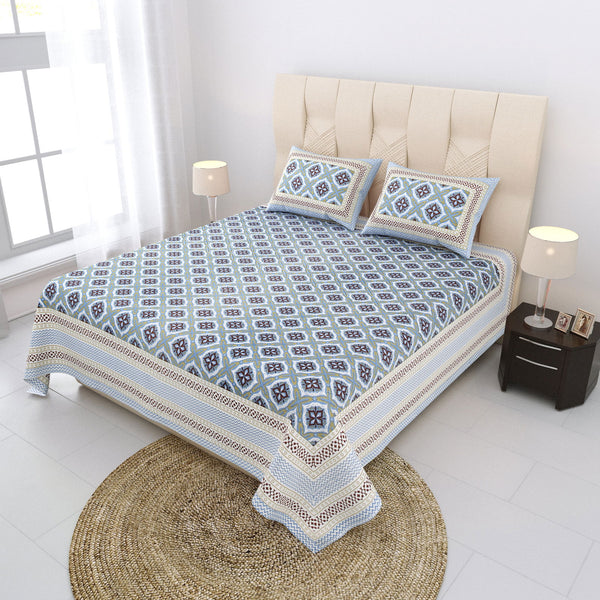 Nyla South Autoloom 240 TC 100% Cotton King Size Bedsheet with 2 Pillow Covers (Heritage Blue) - EasyGoods India