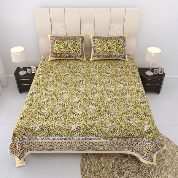 Nyla South Autoloom 240 TC 100% Cotton King Size Bedsheet with 2 Pillow Covers (Olive) - EasyGoods India