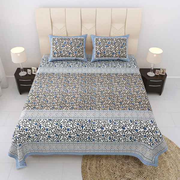 Nyla South Autoloom 240 TC 100% Cotton King Size Bedsheet with 2 Pillow Covers (Water Blue) - EasyGoods India