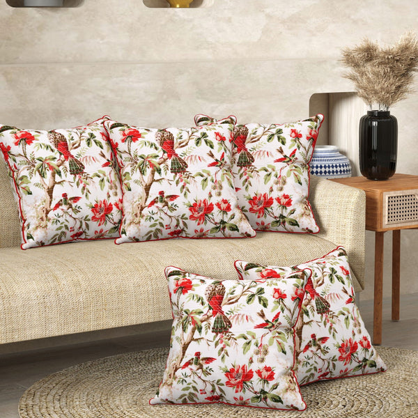 Off White Bird Red Anokhi Cotton Cushion Covers - 16x16 Inches - EasyGoods India