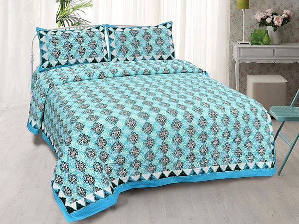 Petal Combs Blue Velvet Jaipuri King Size Cotton Bedsheet - EasyGoods India