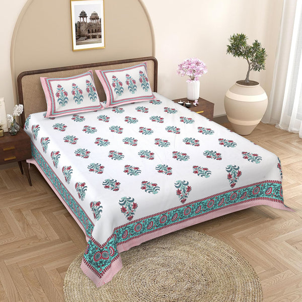 Sanganeri Hand Block Printed  Cotton Bedsheet with 2 Pillow Covers.