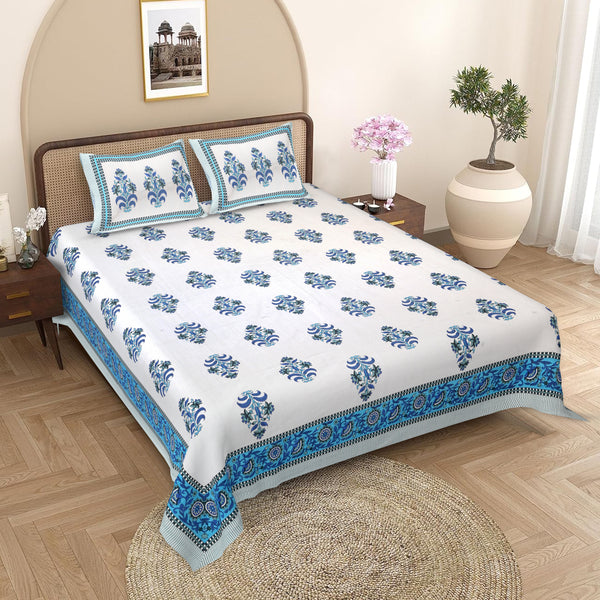 Sanganeri Hand Block Printed  Cotton Bedsheet with 2 Pillow Covers.