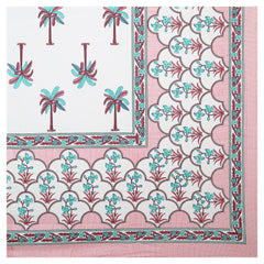 Sanganeri Cotton Bedsheet set with pillow covers, featuring a hand-block printed design with a palm tree motif.