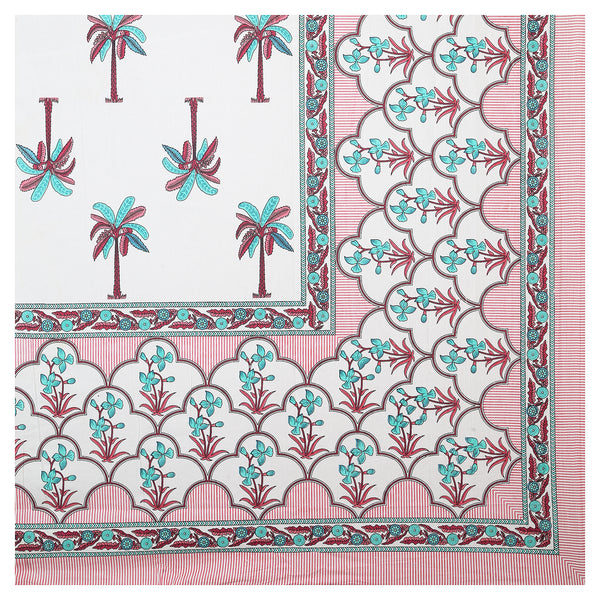 Sanganeri Cotton Bedsheet set with pillow covers, featuring a hand-block printed design with a palm tree motif.