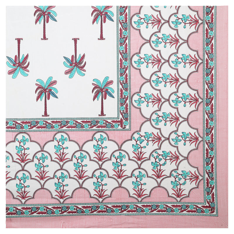 Sanganeri Cotton Bedsheet set with pillow covers, featuring a hand-block printed design with a palm tree motif.
