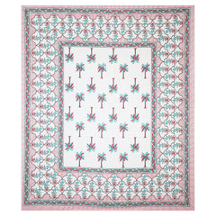 Sanganeri Cotton Bedsheet set with pillow covers, featuring a hand-block printed design with a palm tree motif.