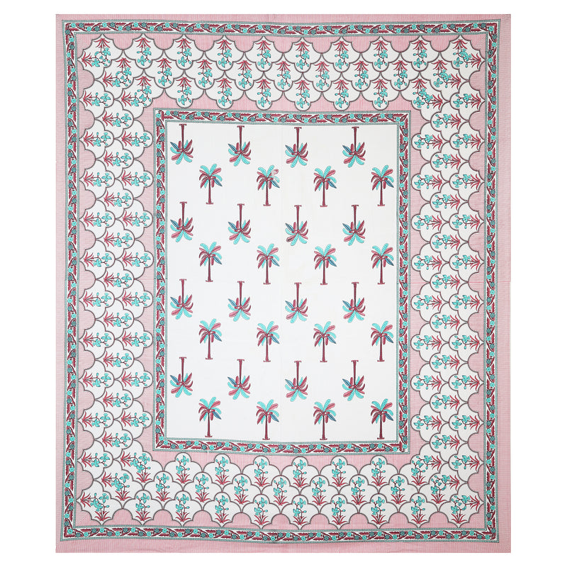 Sanganeri Cotton Bedsheet set with pillow covers, featuring a hand-block printed design with a palm tree motif.