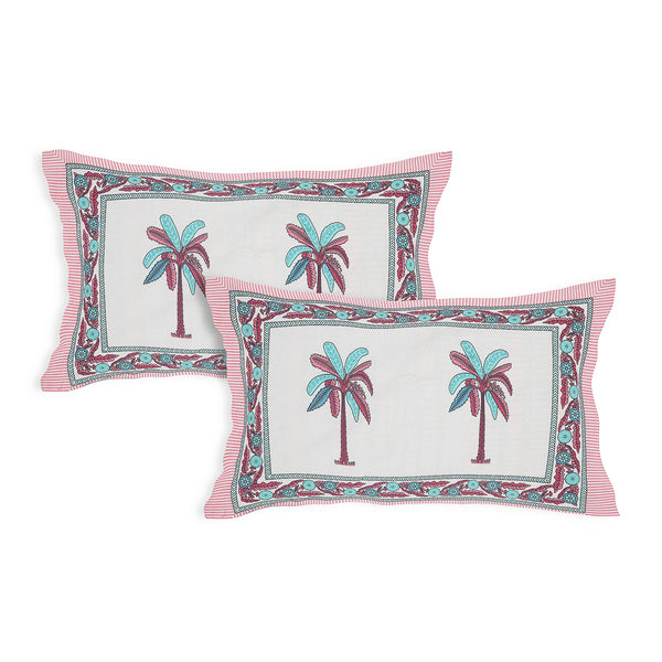Sanganeri Cotton Bedsheet set with pillow covers, featuring a hand-block printed design with a palm tree motif.