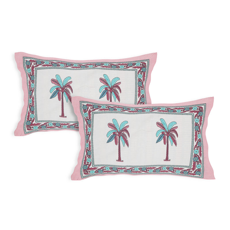 Sanganeri Cotton Bedsheet set with pillow covers, featuring a hand-block printed design with a palm tree motif.