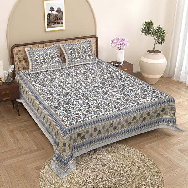 Sanganeri Cotton Bedsheet with a traditional ethnic print with two plow covers