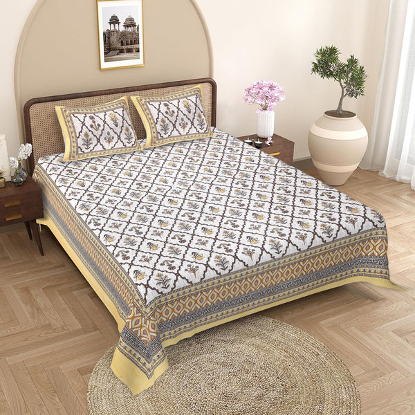 Sanganeri Cotton Bedsheet with a traditional ethnic print with two plow covers