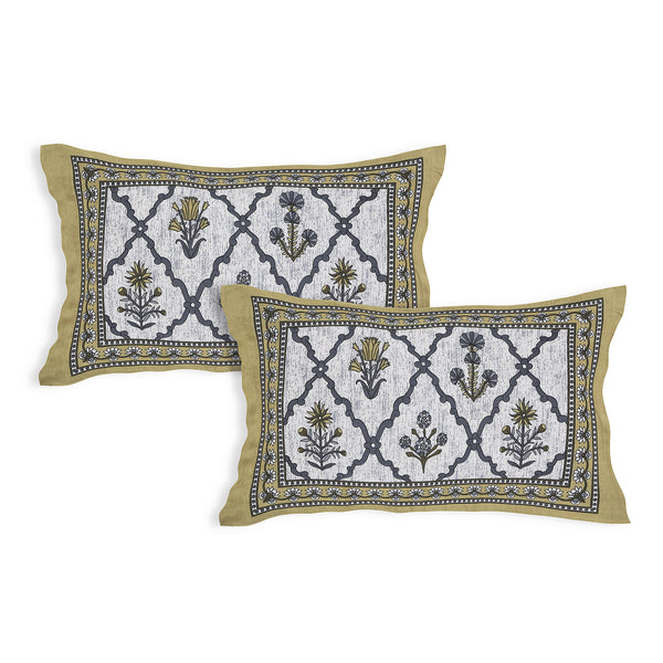 Sanganeri Bedsheet with two pillow covers, featuring a blue and white ethnic pattern.