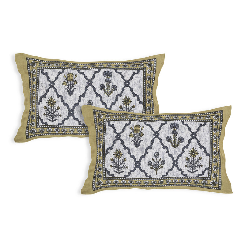 Sanganeri Bedsheet with two pillow covers, featuring a blue and white ethnic pattern.