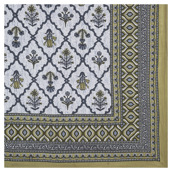 Sanganeri Bedsheet with two pillow covers, featuring a blue and white ethnic pattern.