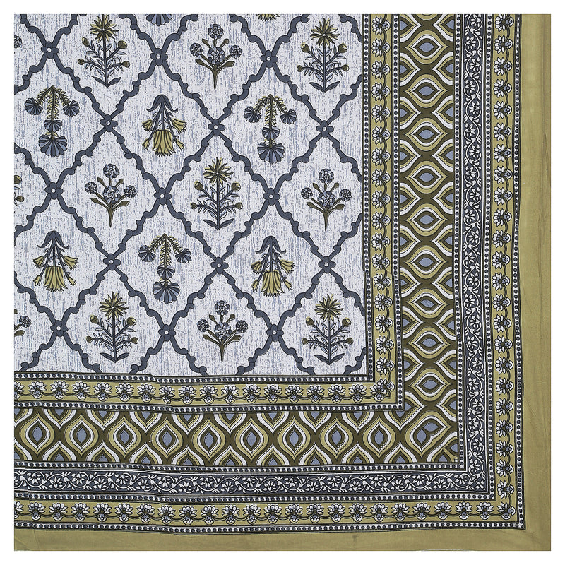 Sanganeri Bedsheet with two pillow covers, featuring a blue and white ethnic pattern.