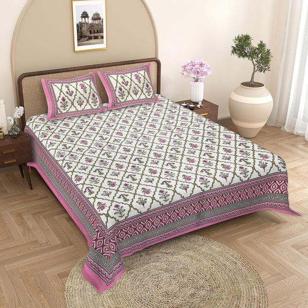 Sanganeri  Cotton Bedsheet with two pillow covers, featuring  ethnic pattern.