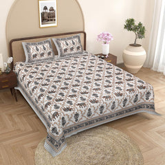 Sanganeri Cotton Printed  Bedsheet with an elephant and floral design with two plow covers