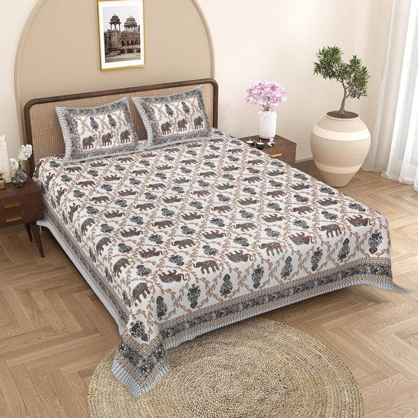 Sanganeri Cotton Printed  Bedsheet with an elephant and floral design with two plow covers