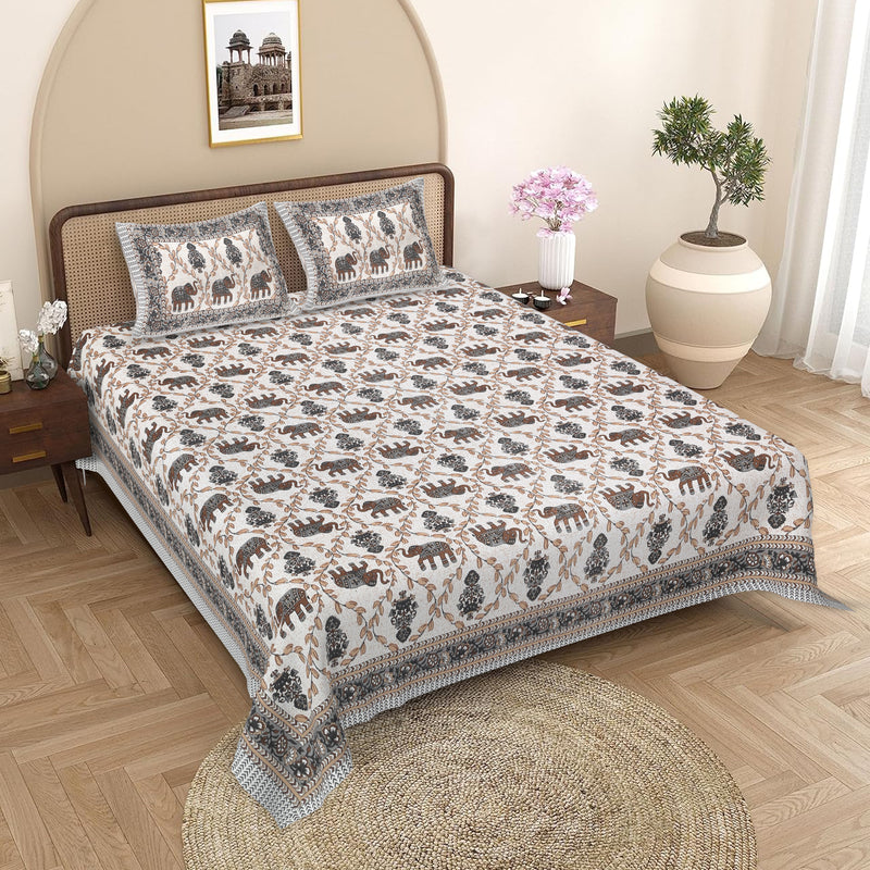 Sanganeri Cotton Printed  Bedsheet with an elephant and floral design with two plow covers