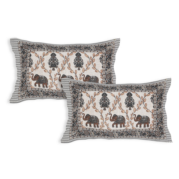 Sanganeri Cotton Printed  Bedsheet with an elephant and floral design with two plow covers