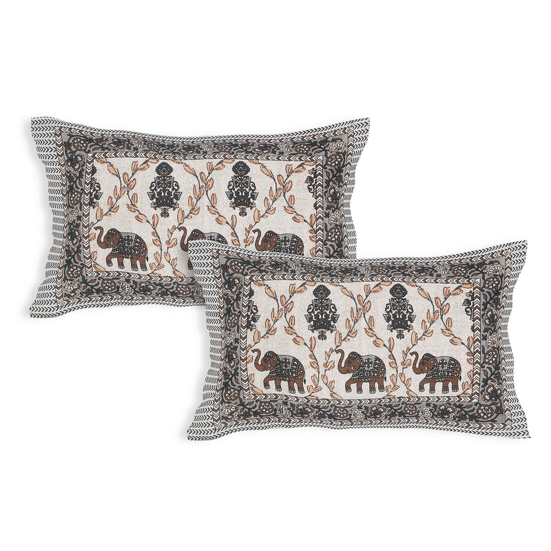 Sanganeri Cotton Printed  Bedsheet with an elephant and floral design with two plow covers