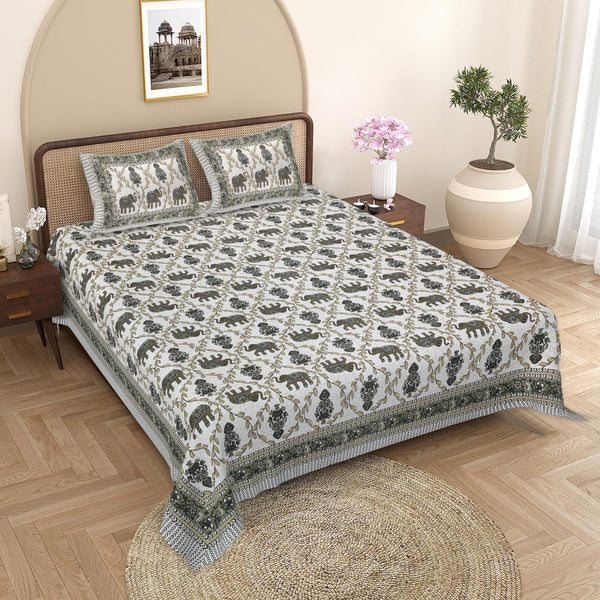 Sanganeri Cotton Printed  Bedsheet featuring elephant and floral patterns with two plow covers