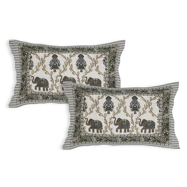 Sanganeri Cotton Printed  Bedsheet featuring elephant and floral patterns with two plow covers