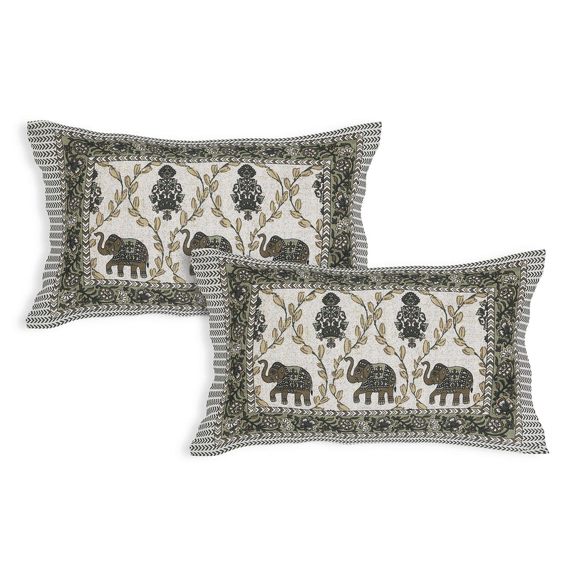 Sanganeri Cotton Printed  Bedsheet featuring elephant and floral patterns with two plow covers