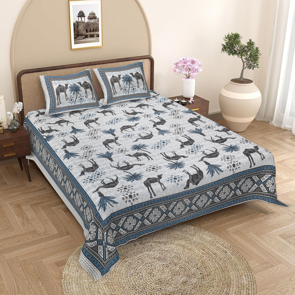 Sanganeri Anika Bedsheet  with Camel & Palm Tree Design with two plow covers