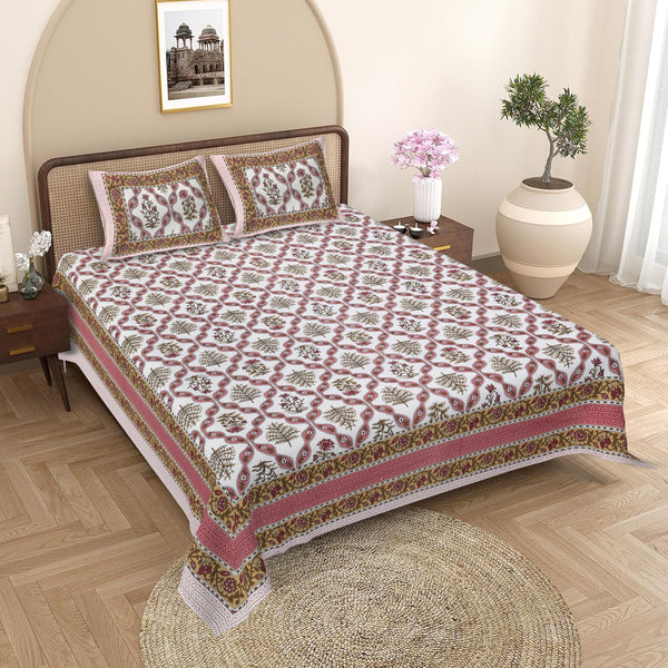Sanganeri Cotton Block Printed Bedsheet with two matching pillow covers