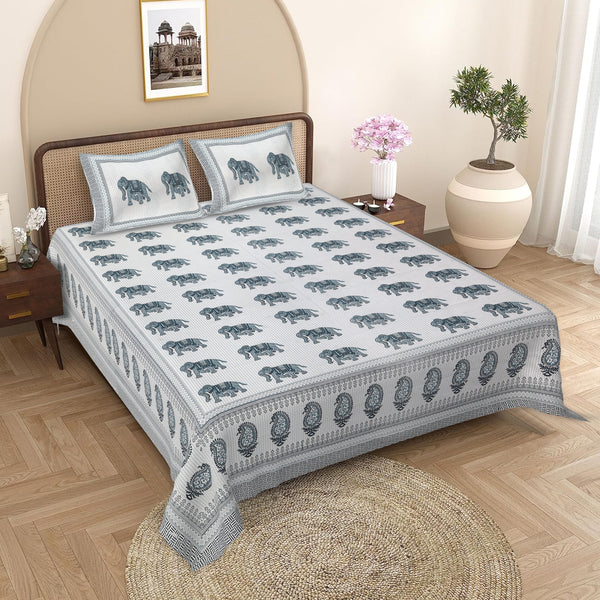 Sanganeri  Cotton Bedsheet with two pillow covers, featuring  ethnic pattern.
