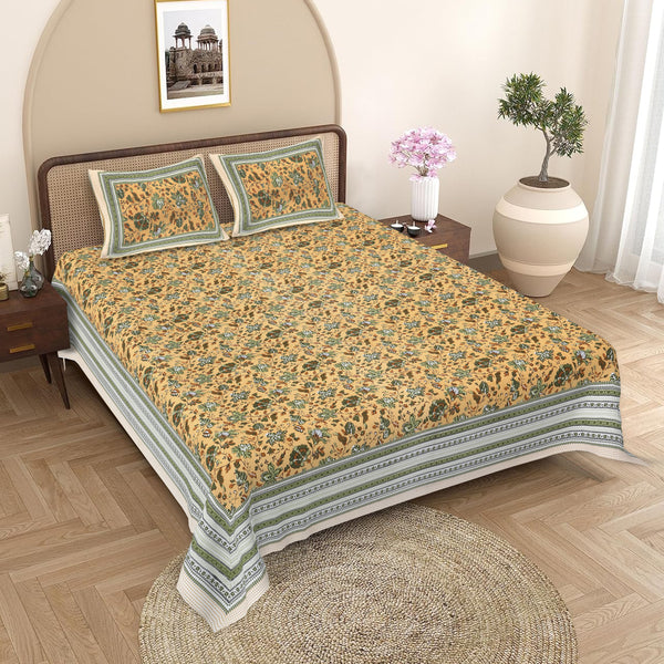 Sanganeri Hand Block Printed Bedsheet with pillow covers, likely made of cotton with two plow covers