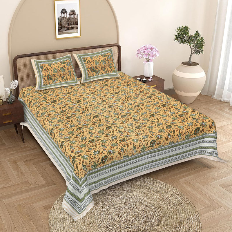 Sanganeri Hand Block Printed Bedsheet with pillow covers, likely made of cotton with two plow covers