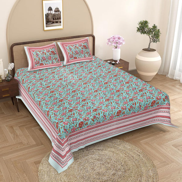 Sanganeri Hand Block Printed Bedsheet with pillow covers, likely made of cotton with two plow covers