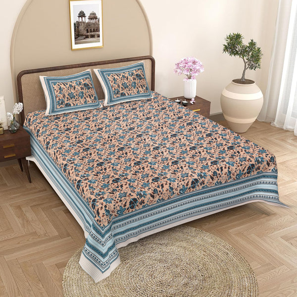 Sanganeri  Printed Bedsheet with pillow covers, likely made of cotton with two plow covers